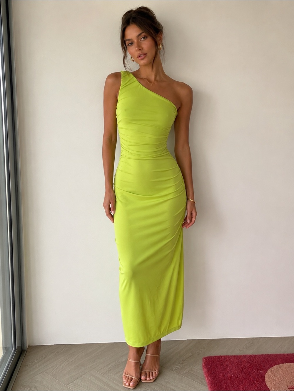 H&M One-Shoulder Lime Green Ruched Maxi Dress